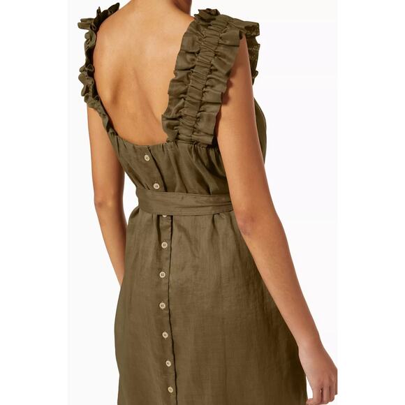 Frame Ruffle Strap Button Back Dress in Moss Size Small Khaki Green Ramie Chic - Picture 2 of 16